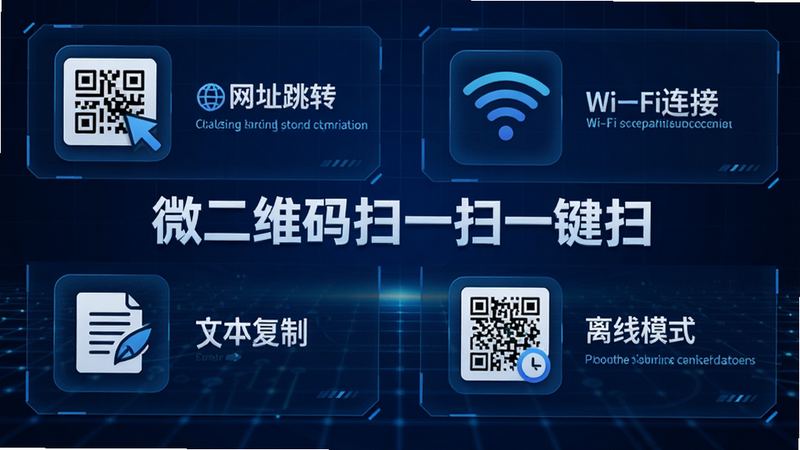 微二维码扫一扫一键扫的多功能应用场景展示,布局分为四个板块,分别代表“网址跳转”、“Wi-Fi连接”、“文本复制”和“离线模式”,每个板块配有相应的图标和简短文字说明,背景为深蓝色科技感网格,文字“微二维码扫一扫一键扫”居中醒目,风格为信息图表风,细节精致,排版整齐,画质清晰,干净,无多余元素