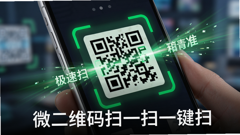 展示微二维码扫一扫一键扫的高速扫描过程,主体为手机屏幕特写,屏幕中显示一个正在被扫描的二维码,二维码周围有绿色的动态扫描框和光线特效,背景虚化,突出“极速”和“精准”的概念,文字“微二维码扫一扫一键扫”位于底部,风格为动态科技风,细节丰富,画质清晰,干净,无多余元素