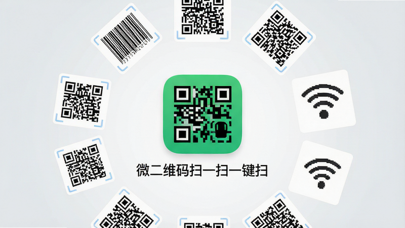 主体为微二维码扫一扫一键扫安卓应用界面展示,布局简洁现代,背景为干净的浅灰色渐变,中央突出显示APP图标及名称“微二维码扫一扫一键扫”,周围环绕着多个不同样式的二维码示意图,包括商品条码、网址链接码和Wi-Fi配置码,排版呈放射状分布,风格为扁平化科技风,细节清晰,文字“微二维码扫一扫一键扫”清晰可见,画质高清,干净,无多余元素