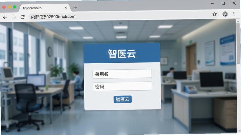 电脑浏览器界面,地址栏显示内部IP地址,页面中心为“智医云”登录框,包含用户名和密码输入框,背景为医院内网办公环境,风格严肃专业,文字清晰,无外部互联网元素,高清细节