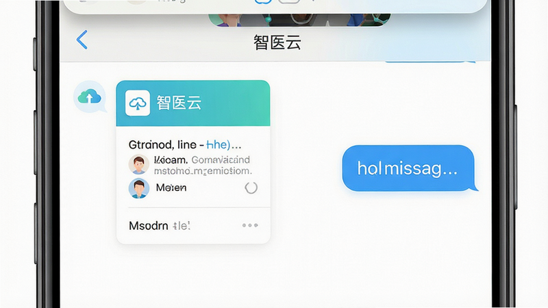 手机屏幕显示聊天界面,左侧为发送的医疗文档卡片,右侧为接收的语音消息气泡,背景为白色,界面元素简洁明了,突出“智医云”字样,扁平化设计风格,色彩清新,细节精致,高分辨率