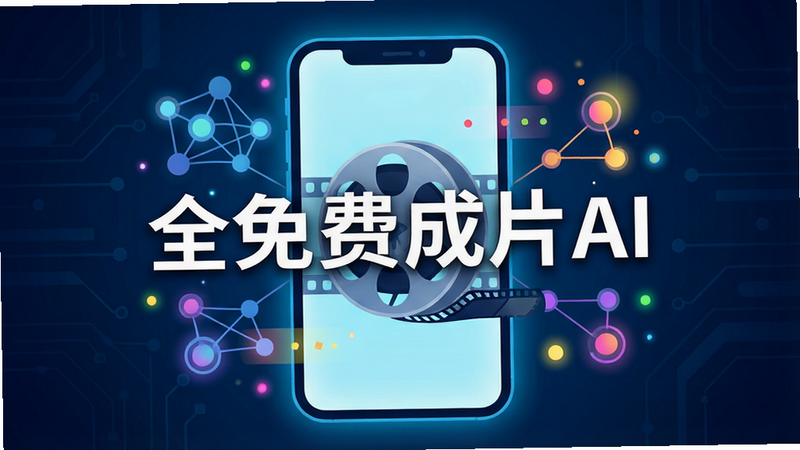 一张现代扁平化风格的设计图,主体是一个发光的手机屏幕,屏幕中央显示着一个正在生成的视频胶片卷轴,周围环绕着代表AI的神经网络节点和色彩斑斓的光斑,背景为深蓝色科技风,画面中心有清晰的白色文字“全免费成片AI”,整体布局简洁大气,细节丰富,画质高清,无多余装饰元素