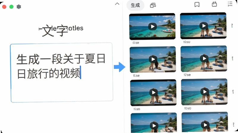 展示软件界面的截图风格图,左侧是一个文本输入框,里面写着“生成一段关于夏日旅行的视频”,右侧是生成的视频缩略图列表,背景为纯白色,界面元素清晰,色彩明亮,突出“文字”到“视频”的转化过程,风格极简,画质清晰