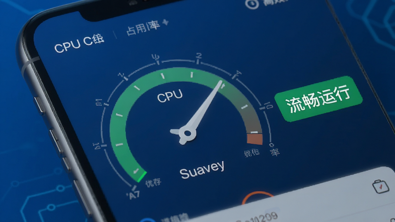 一个手机性能监控的仪表盘界面,显示CPU和内存占用率较低,背景为科技蓝,指针指向绿色安全区域,旁边有“流畅运行”的标签,整体设计简洁专业,传达“优化”和“高效”的概念,细节精致,无杂乱元素