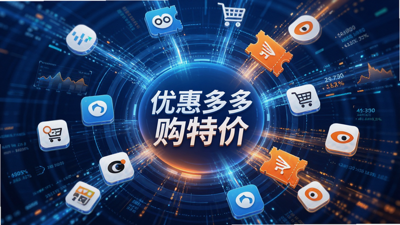 主体为抽象化的数据流与优惠券图标,布局呈环形辐射状,中心为“优惠多多购特价”字样,四周环绕着代表不同电商平台的图标及动态数据线条,排版具有科技感,风格为科技蓝与活力橙渐变,细节展现数据快速流动的效果,画质通透清晰,象征信息的高速聚合与实时更新,无多余背景干扰