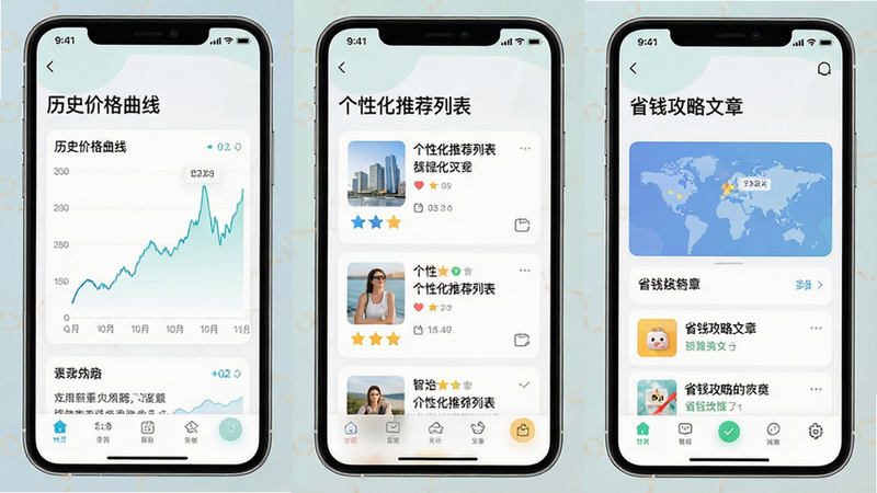 主体为一组手机屏幕截图拼接图,布局为三屏并列展示,分别呈现“历史价格曲线”、“个性化推荐列表”和“省钱攻略文章”,排版对称均衡,风格为清新UI设计,细节突出图表的清晰度和文字的易读性,画质锐利,色彩柔和舒适,体现软件的智能化与个性化服务,无冗余装饰元素