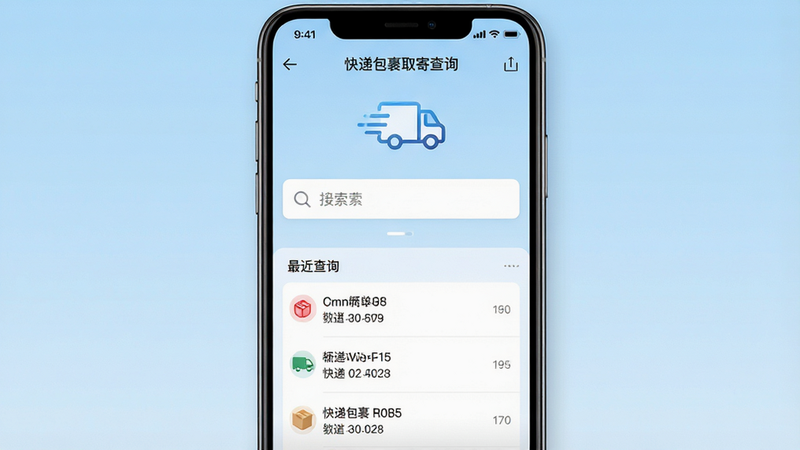 一张高清手机界面截图,展示“快递包裹取寄查询”APP的主界面。主体是中央巨大的白色搜索框,上方有简洁的Logo,下方列出最近查询的快递单号列表。背景为淡蓝色渐变,风格现代扁平化,无多余装饰,画质清晰,文字清晰可见。