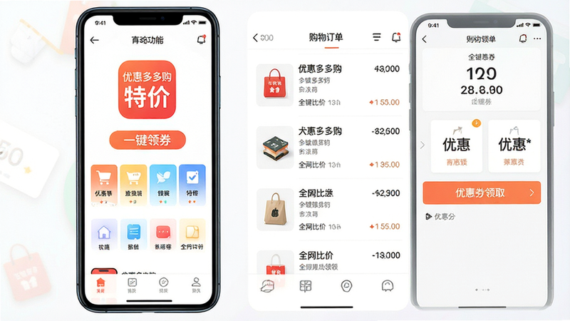 主体为一张手机应用界面全景图,布局采用左右分栏结构,左侧展示“优惠多多购特价”应用Logo及核心功能入口,右侧展示模拟的购物订单列表与优惠券领取界面,排版整齐有序,风格为现代简约扁平化设计,细节处包含清晰的文字标签“优惠多多购特价”、“一键领券”、“全网比价”,画质高清细腻,色彩明亮干净,无多余杂乱元素