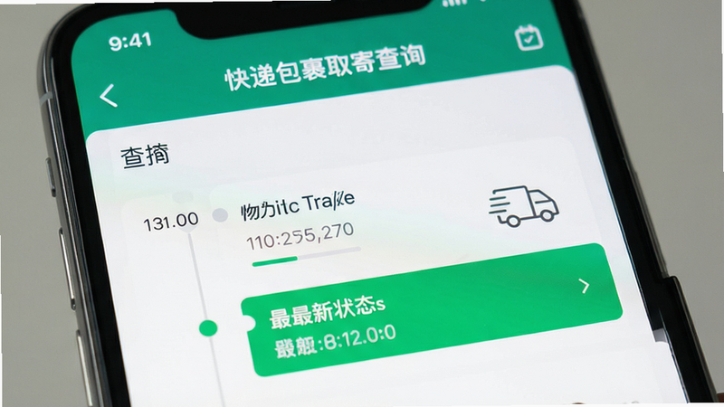 手机屏幕特写,显示“快递包裹取寄查询”APP的查询结果页。界面中部显示一条清晰的物流轨迹时间轴,最新状态高亮显示为绿色,背景干净,字体清晰,体现快速查询的功能特点。