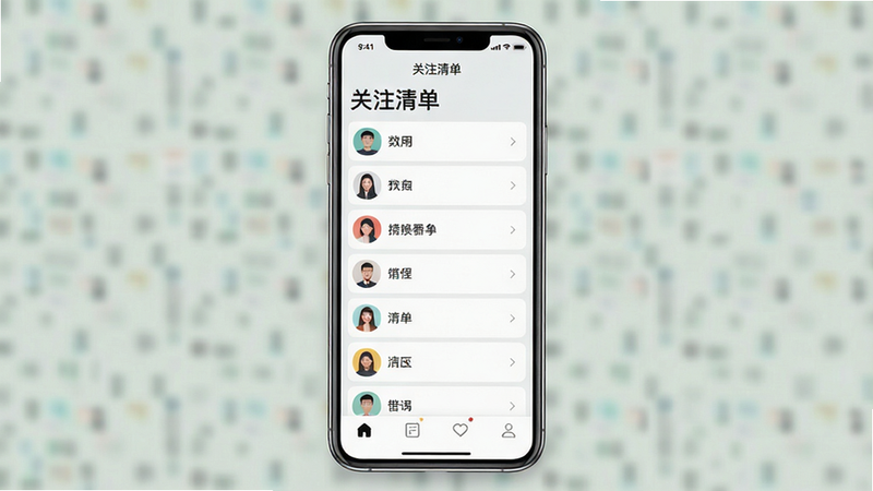 生成一张现代简约风格的手机应用界面图,主体为“关注清单”APP的主页,背景为浅灰色,顶部有清晰的“关注清单”标题,中间显示若干条带有头像和名称的列表项,底部有导航栏,整体风格干净、无多余元素,高清画质