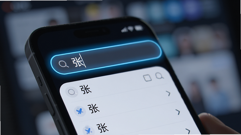 生成一张展示搜索功能的特写图,手机屏幕顶部搜索框内输入“张”,下方列表迅速刷新显示匹配结果,背景虚化,突出搜索框的高亮状态,科技感强,无噪点