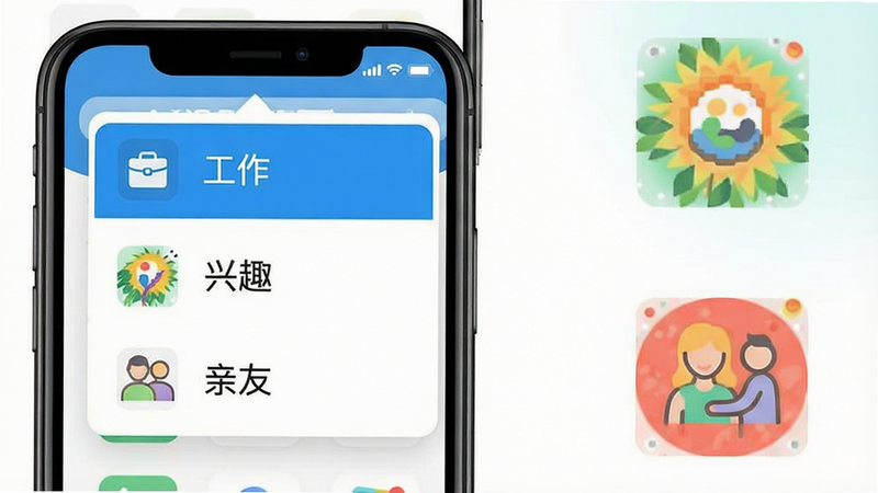 生成一张展示APP分类功能的示意图,画面左侧是手机屏幕,屏幕上显示下拉菜单,包含“工作”、“兴趣”、“亲友”三个标签,右侧有对应的图标装饰,风格扁平化,色彩明亮,高清细节