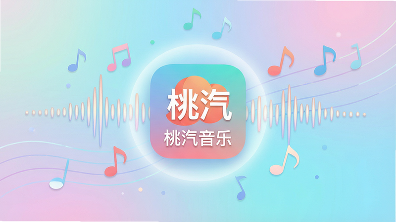 一张清新治愈风格的手机界面展示图,主体为“桃汽音乐”APP图标悬浮于柔和渐变背景中央,周围环绕着抽象的声波线条与音符元素,布局中心对称,排版简洁留白,风格为扁平化插画风,细节包含柔和的光晕效果,画质高清,干净,无多余元素