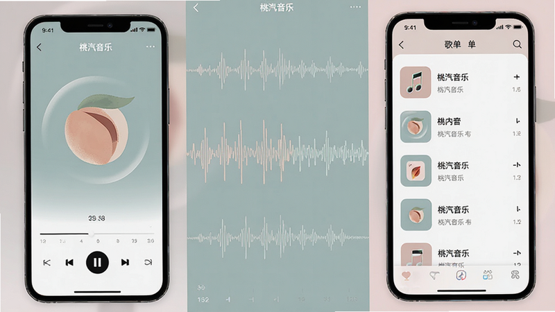 展示“桃汽音乐”APP内部界面的拼贴图,左侧为播放界面,右侧为歌单列表界面,中间穿插着音乐波形图,整体色调为淡雅的莫兰迪色系,风格现代简约,排版整齐,细节清晰,画质高,干净,无多余元素