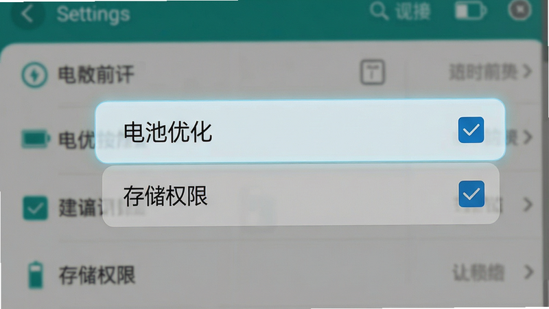 一张手机设置界面的示意图,高亮显示“电池优化”和“存储权限”选项,背景为模糊的手机系统设置菜单,主体清晰突出,风格为科技感UI设计,排版紧凑,细节包含勾选框图标,画质清晰,干净,无多余元素