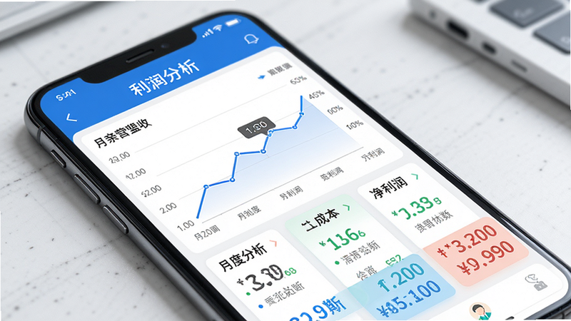 主体为手机屏幕,显示“爱亲加盟商”APP的利润分析图表,布局为折线图与数据卡片,展示月度营收、成本、净利润趋势,排版直观,风格为财务分析风,细节丰富,高清画质,干净,文字包含