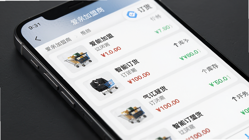 主体为手机屏幕特写,展示“爱亲加盟商”APP中的订货页面,布局为列表形式,包含商品缩略图、名称、价格及库存状态,排版紧凑有序,风格为极简商务风,细节清晰,高清画质,干净,文字包含