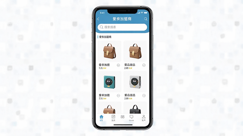 主体为一部现代智能手机,屏幕显示“爱亲加盟商”APP界面,布局清晰,顶部为搜索栏,中部为商品分类网格,底部为导航栏,排版整洁,风格为扁平化商务科技风,细节丰富,高清画质,干净无多余元素,文字包含