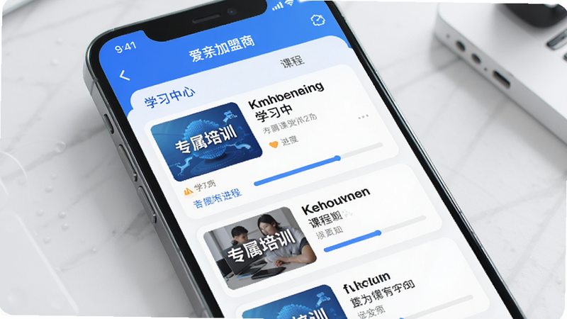 主体为手机屏幕,展示“爱亲加盟商”APP的学习中心,布局为课程卡片列表,包含封面图、标题及进度条,排版美观,风格为教育科技风,细节丰富,高清画质,干净,文字包含