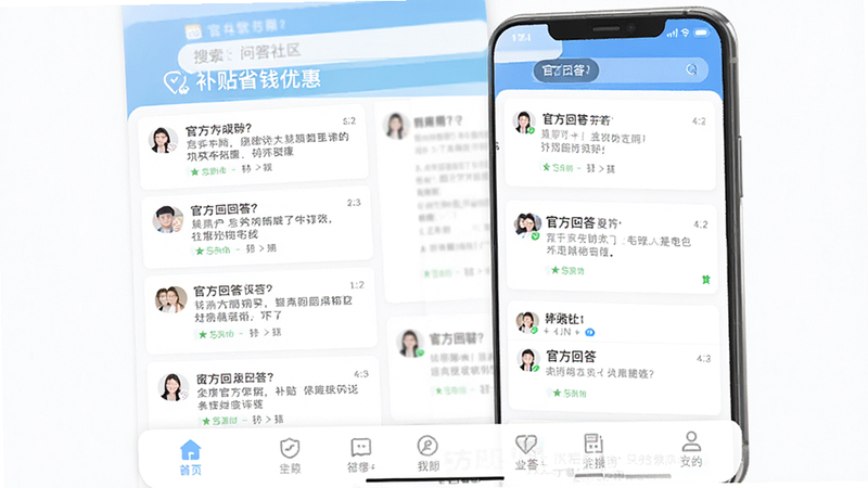 “补贴省钱优惠”APP的问答社区界面,显示多个用户提问和官方回答,界面清新,字体清晰,背景为白色,顶部有搜索栏,底部有导航栏,风格扁平化,细节完整,画质清晰