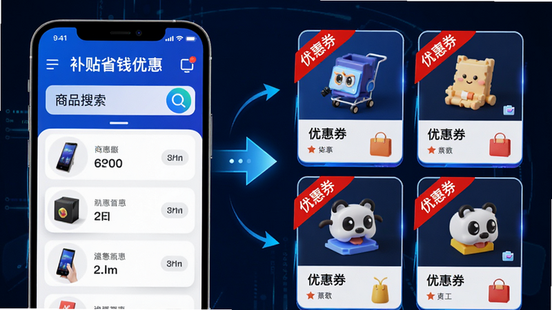 “补贴省钱优惠”APP内部功能模块展示图,左侧为商品搜索栏,右侧列出多个带有红色“优惠券”标签的商品卡片,中间用箭头连接表示数据流向,风格科技感强,色彩鲜明,排版整齐,细节丰富,画质清晰
