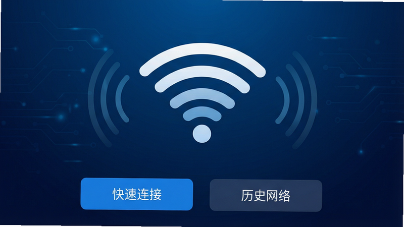 主体为万用WiFi钥匙安卓应用界面截图,布局采用扁平化设计,中心显示大号WiFi信号图标,背景为深蓝色科技风渐变,排版清晰,包含“快速连接”和“历史网络”两个主要按钮,风格现代简洁,细节展现信号波纹动画,画质高清,干净,无多余元素