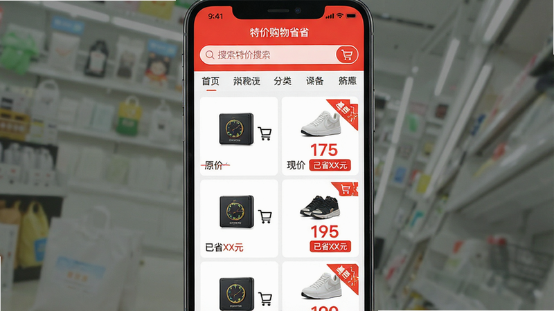 ����Ϊ���ؼ۹���ʡʡ��APP���ֻ������ͼ�����ֲ������·����ṹ���Ϸ�����Ŀ�ĺ�ɫ����������ർ�������·�չʾ������Ʒ��Ƭ��ÿ�ſ�Ƭ����������Ʒͼ��ԭ�ۻ��ߡ��ּۺ�ɫ���ּ�����ʡXXԪ����ǩ���Ű�����Գƣ����Ϊ��ƽ������UI��ϸ�ڴ��������ﳵͼ�����Ż�ȯ�Ǳ꣬���ʸ��壬�������ף��޶���װ��Ԫ�أ����������ɼ���