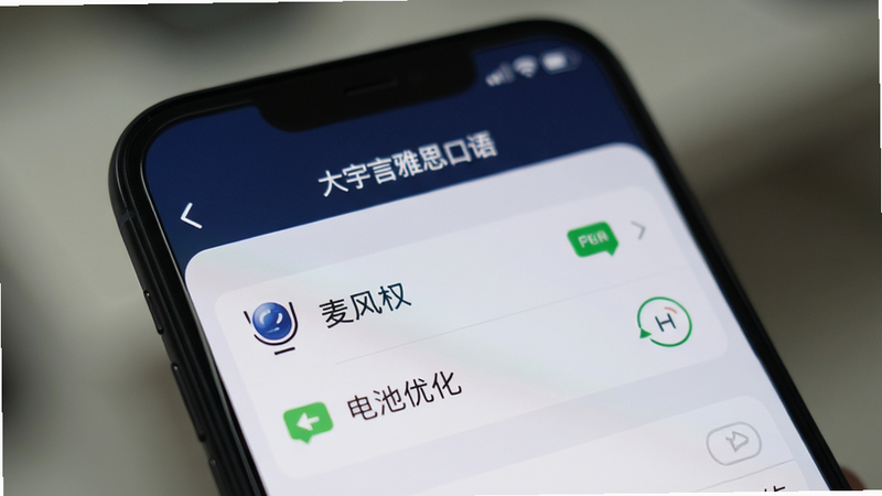 手机屏幕特写,显示“大宇言雅思口语”的设置界面,重点突出麦克风权限和电池优化选项,背景虚化,主体清晰,布局简洁,风格写实,细节锐利,画质高清,干净,无多余元素