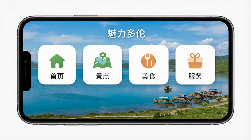 ����һ��չʾ���������ס�APP���Ľ���ĸ���ͼ������Ϊ�ֻ���Ļ����ʾ���׺��羰����������������������ҳ�����㡢��ʳ�������ĸ���Ҫͼ��ģ�飬�Ű����࣬���������Ȼ��ϸ�ڷḻ�����ʸ��壬�ɾ��޶���Ԫ�أ����ֱ�ǩΪ����ҳ���������㡱������ʳ����������