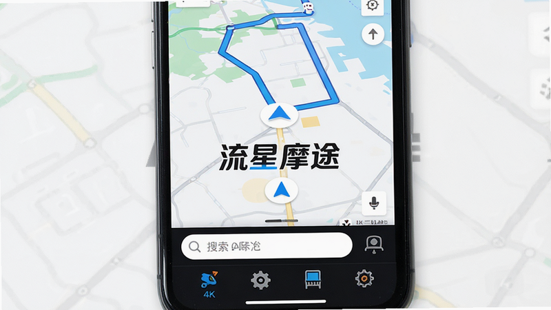 一张高清手机屏幕截图,展示流星摩途APP的主界面,背景为清晰的电子地图,上方悬浮着蓝色导航路线,界面中央显示“流星摩途”Logo,底部有搜索框和功能图标,整体风格现代简洁,扁平化设计,高保真UI设计,4k分辨率,无多余元素,干净背景