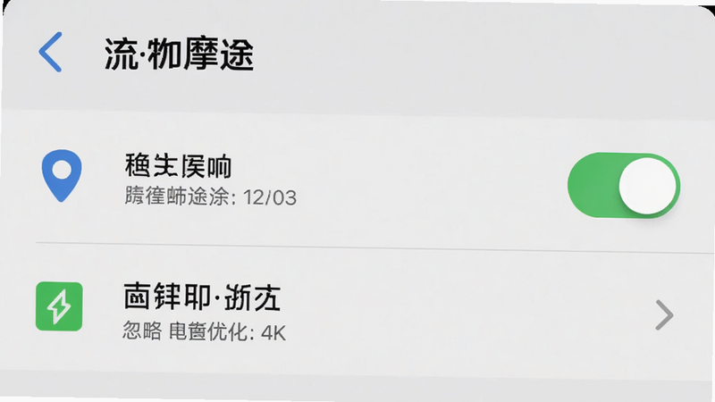 手机设置界面截图,显示流星摩途的权限设置页面,定位权限开关为开启状态,电池优化为忽略电池优化,界面清晰,图标明确,高保真UI,4k分辨率,无多余元素,干净背景