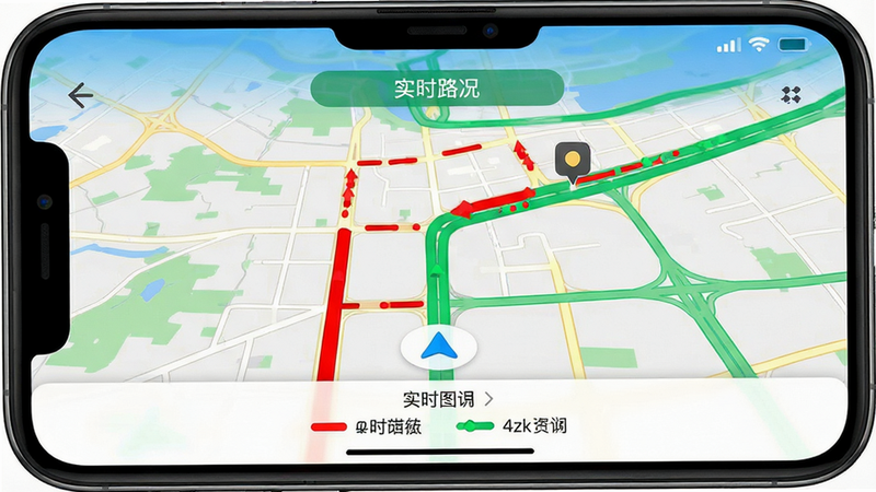 手机导航界面,地图上有明显的红色拥堵路段和绿色畅通路段,顶部状态栏显示“实时路况”,界面下方有路况图例说明,色彩对比强烈,视觉清晰,高保真UI,4k画质,无多余装饰,干净背景