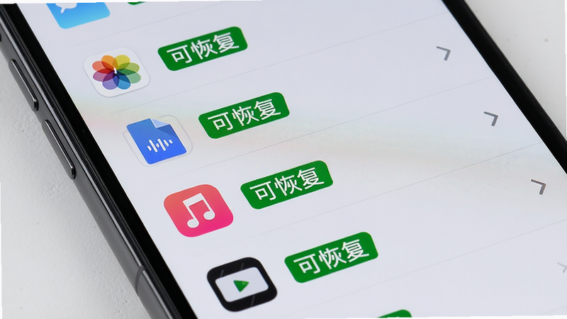 手机屏幕展示文件列表界面,图标清晰区分照片、文档、音频和视频类别,每个文件旁边有“可恢复”的绿色标签,界面整洁有序,字体清晰易读,背景为浅灰色,体现专业与细致,高清摄影风格