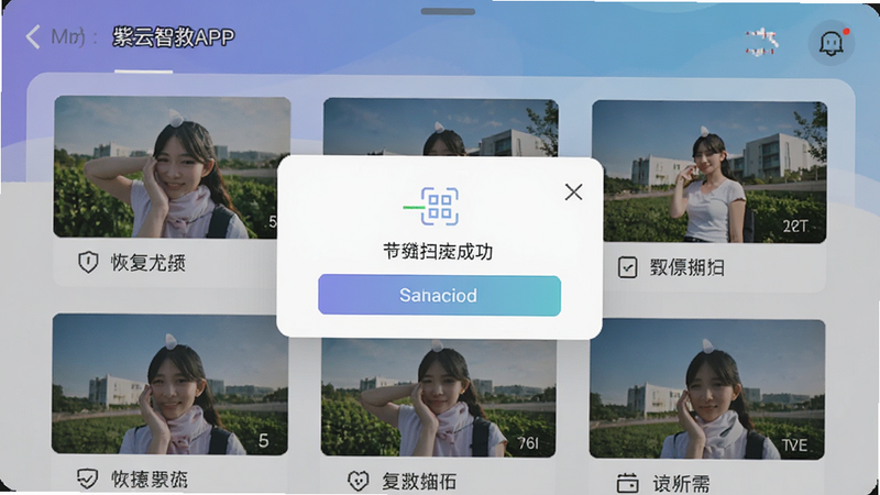 紫云智救APP界面截图,显示“扫描成功”弹窗,列出5个可恢复的照片缩略图,界面简洁,色调清新,体现软件的实际效果,高清UI设计图
