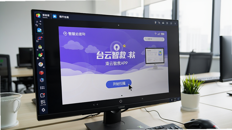 电脑屏幕上运行安卓模拟器,模拟器内显示紫云智救APP界面,鼠标光标指向“开始扫描”按钮,背景为办公室桌面,光线明亮,体现跨平台使用的场景,高清摄影风格