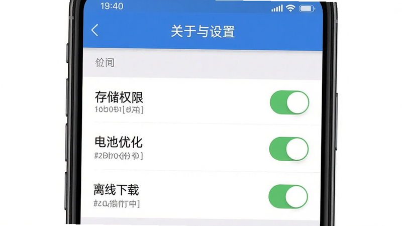 “单招聚题库”手机端设置界面截图,主体为“关于与设置”页面,显示“存储权限”、“电池优化”、“离线下载”等选项,布局为列表形式,排版简洁明了,风格为系统原生风,细节处有开关按钮状态显示,画质清晰,干净背景
