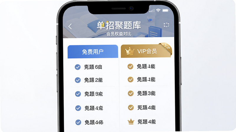 “单招聚题库”会员权益对比界面,主体为手机屏幕,显示“免费用户”与“VIP会员”的功能列表对比,布局为左右分栏,排版清晰,风格为商务简约风,细节处有金色的VIP标识,画质高清,干净无杂物