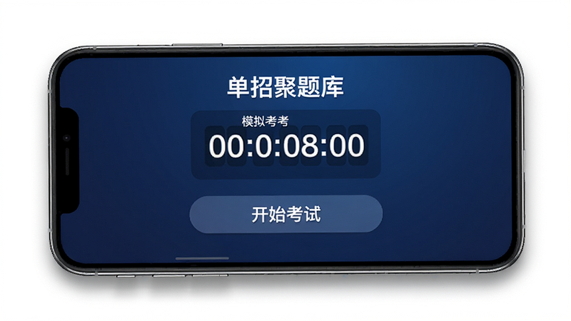 “单招聚题库”模拟考界面预览,主体为手机屏幕,显示倒计时计时器与“开始考试”按钮,背景为深蓝色渐变,营造紧张专注的氛围,布局居中对称,排版简洁有力,风格为严肃专业风,细节处有细微的阴影处理,画质清晰,无杂乱元素