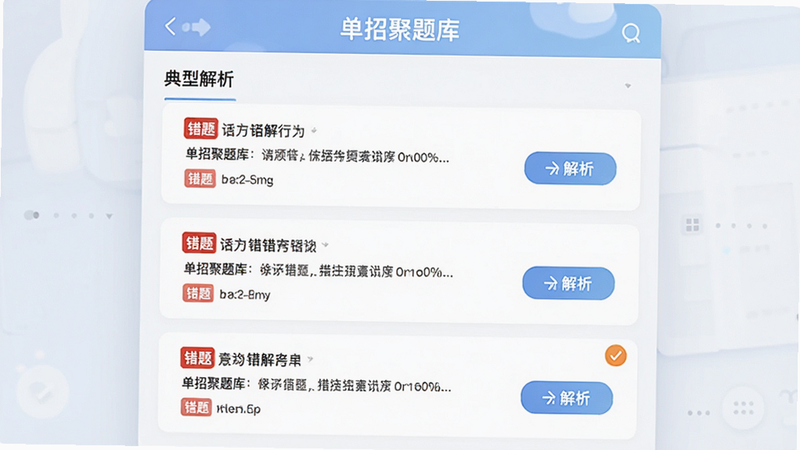 “单招聚题库”错题本功能界面,主体为列表视图,展示几道典型错题及其解析入口,布局为上下滚动结构,排版整齐,风格为清爽教育风,细节处有红色的“错题”标签标识,画质细腻,干净无干扰