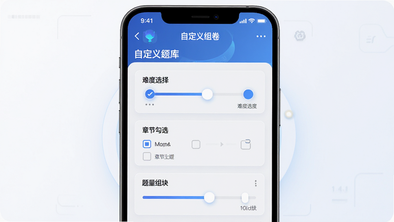展示“单招聚题库”智能组卷界面,主体为手机屏幕,屏幕上显示“自定义组卷”设置页,包含“难度选择”、“章节勾选”、“题量滑块”等控件,布局清晰,排版紧凑,风格为现代科技风,细节处有微弱的发光效果,画质高清,干净背景