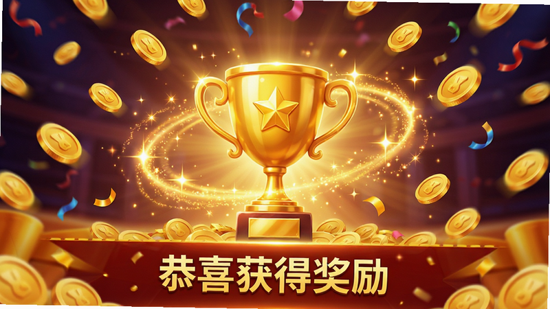 主体为成就奖励界面,中央显示一个金色的奖杯图标,周围环绕着闪烁的光效和金币雨,底部显示“恭喜获得奖励”文字,布局中心聚焦,喜庆热闹风格,细节华丽,4K高清,干净无多余元素