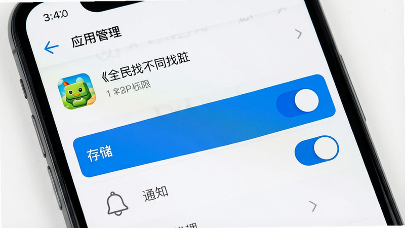 主体为手机设置界面,显示“应用管理”中《全民找不同找茬》的权限设置页,重点高亮“存储”和“通知”权限开关,背景为白色,布局简洁,扁平UI风格,细节清晰,1080P高清,干净无多余元素