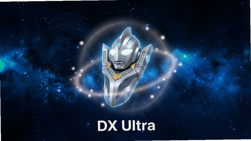 一张高清手机应用界面全景图,主体为深蓝色宇宙背景上的 DX Ultra 应用主界面,中央悬浮着一个发光的银色奥特曼变身器 3D 模型,周围环绕着柔和的光晕粒子,底部有清晰的
