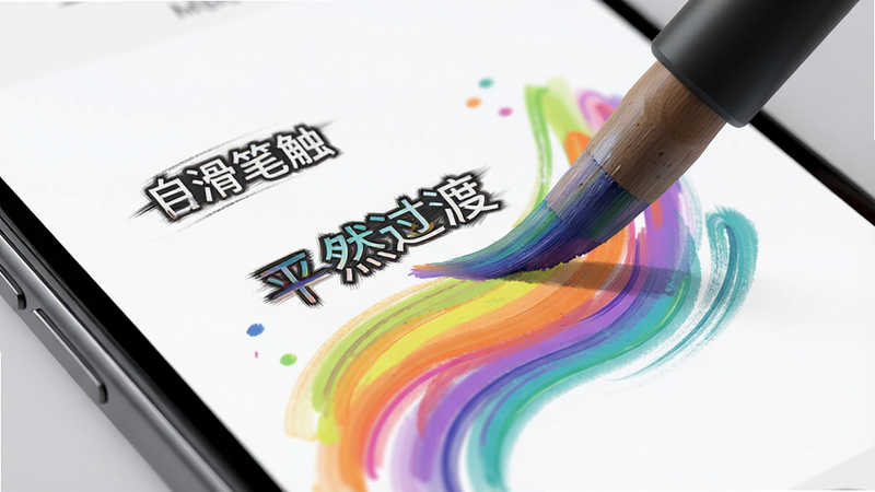 主体为特写镜头展示手机屏幕上正在绘制的彩色线条,布局聚焦于笔触细节,排版突出笔刷的层次感,风格写实与数字艺术结合,细节展现线条的流畅度与色彩渐变,画质超清,干净,无多余元素,文字内容: