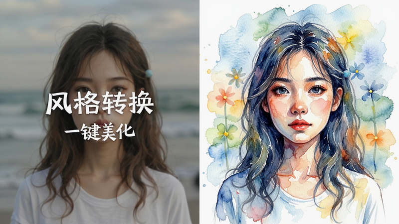 主体为分屏对比图,左侧为普通照片,右侧为经过艺小粒处理后的水彩风格画作,布局左右对称,排版清晰展示前后效果,风格清新雅致,细节突出色彩融合与纹理质感,画质高清,干净,无多余元素,文字内容: