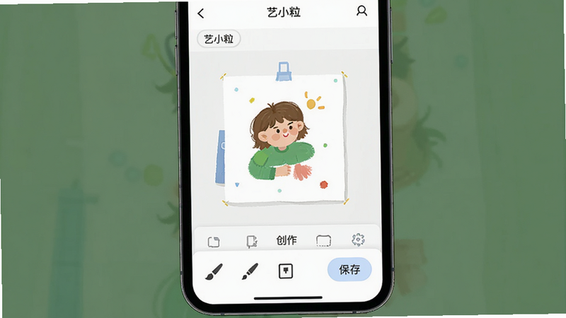 主体为手机屏幕显示艺小粒应用界面,布局清晰展示画布区域与底部工具栏,排版简洁现代,风格扁平化插画,细节包含柔和的UI按钮与画笔图标,画质高清,干净,无多余元素,文字内容: