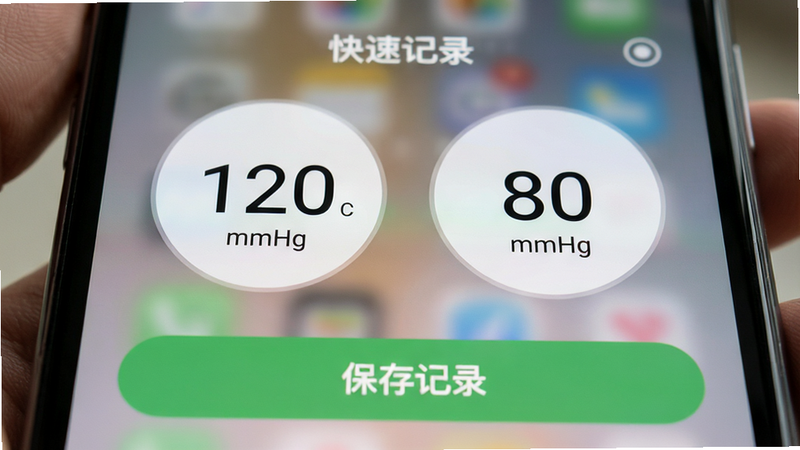 生成一张特写图,展示手机屏幕上的“快速记录”界面。画面聚焦于两个巨大的圆形输入框,分别显示数字“120”和“80”,旁边有微小的“mmHg”单位标识。界面底部有一个宽大的绿色确认按钮,文字为“保存记录”。背景虚化,突出屏幕内容。风格为扁平化设计,色彩柔和,无杂乱线条,高清细节,无文字错误。
