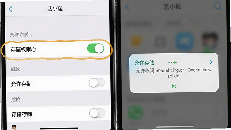 主体为手机设置界面截图,高亮显示存储权限开关,布局垂直排列,排版简洁直观,风格系统原生UI,细节展示权限请求弹窗,画质清晰,干净,无多余元素,文字内容: