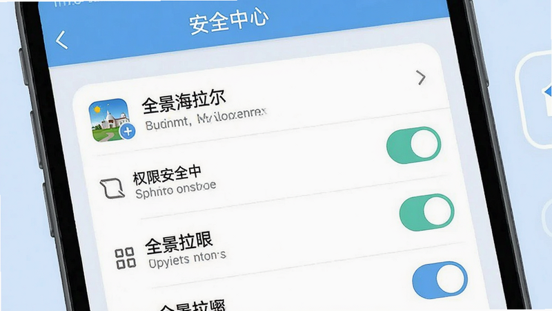 主体为手机安全设置界面,显示“全景海拉尔”应用权限管理页面,背景淡蓝色,布局简洁,排版列表式,风格扁平化设计,细节展示权限开关图标,画质高清,干净无杂项,文字“安全中心”醒目