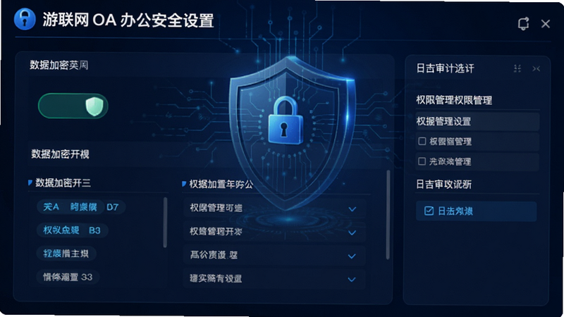 主体为游联网OA办公安全设置界面,布局展示数据加密开关、权限管理列表与日志审计选项,背景为深蓝色科技盾牌图标,风格稳重专业,细节包含锁形图标与权限标签,画质高,无干扰元素
